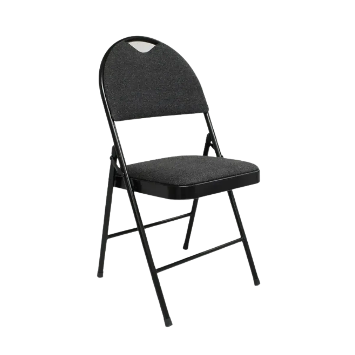 A high-back padded folding chair on a matte black metal frame, the rounded back and the oversized seat both cushioned, with a hand slot cut through the top of the back