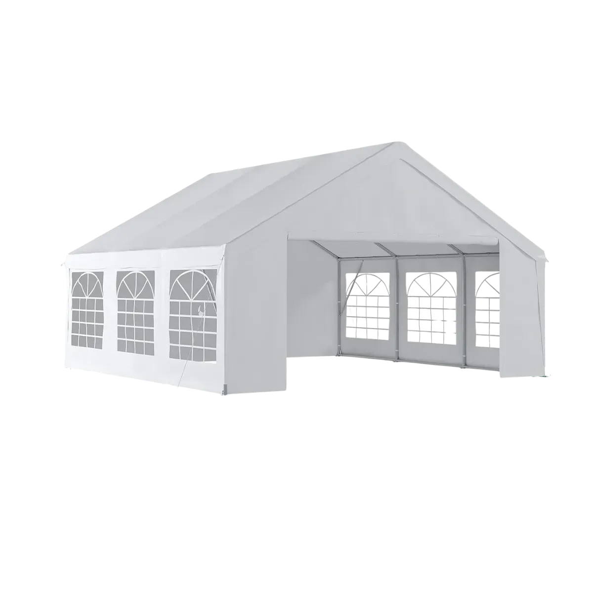 A white gabled party tent with one long side open, three arched clear-PVC window panels set into the wall behind it and a pitched roof over the whole span
