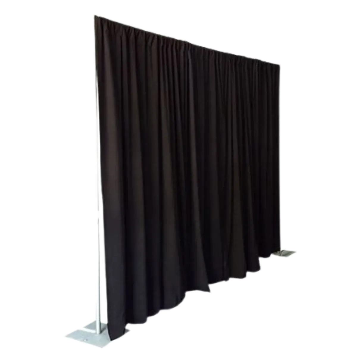 A single bay of pipe and drape, black wrinkle-free fabric gathered along an adjustable crossbar between two uprights standing on weighted floor plates