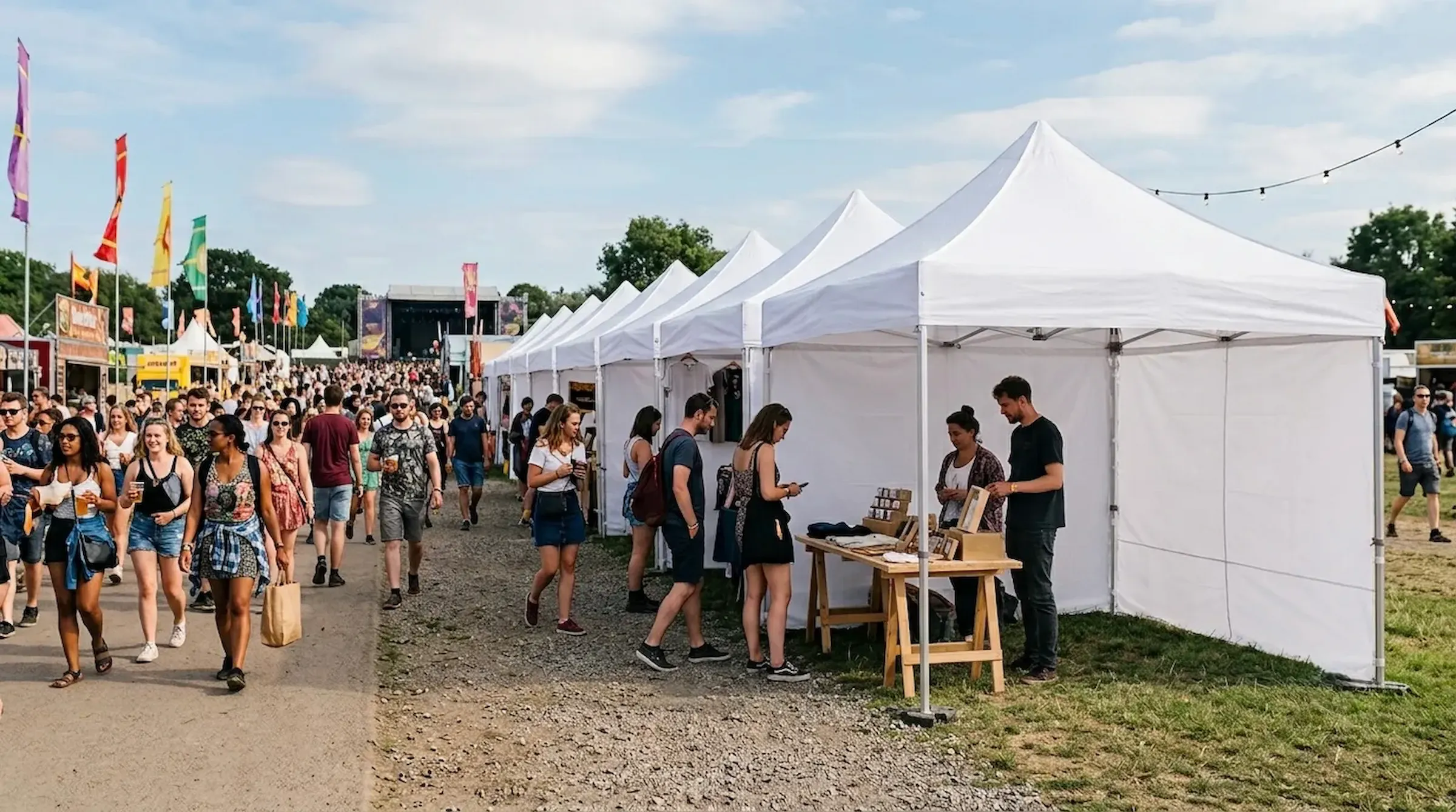 A long row of white pop-up canopies pitched on grass as vendor booths at an outdoor festival, visitors walking a gravel path past them towards a stage