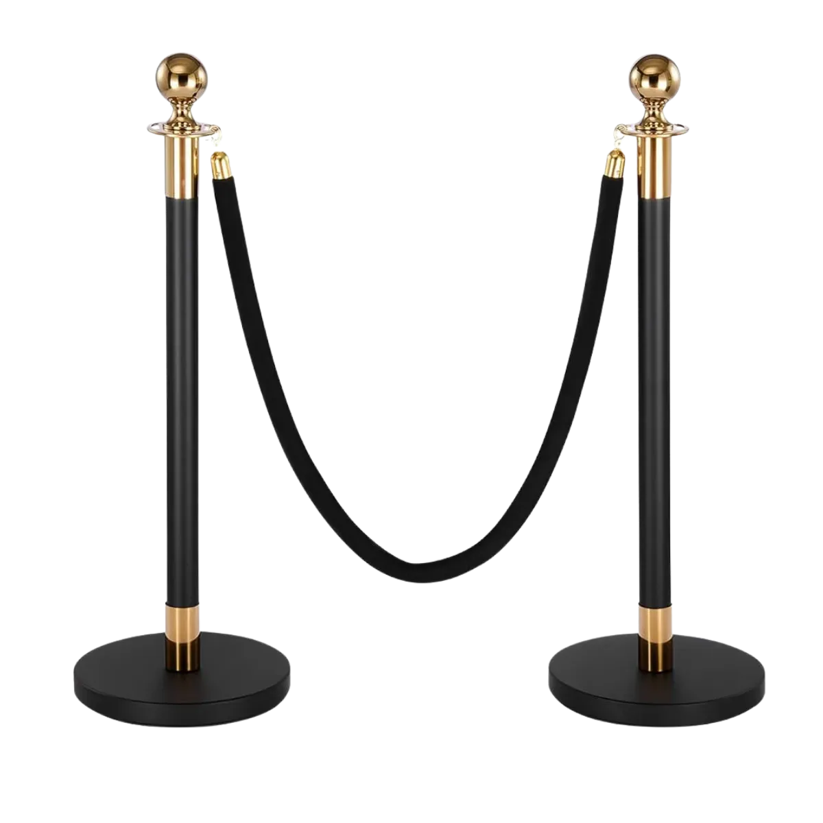 Two black posts with gold ball tops and gold collars, joined by a black velvet rope on gold caps