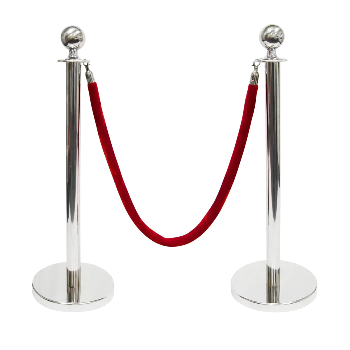 Two polished chrome posts with mirrored ball tops, a red velvet rope with silver caps slung between them