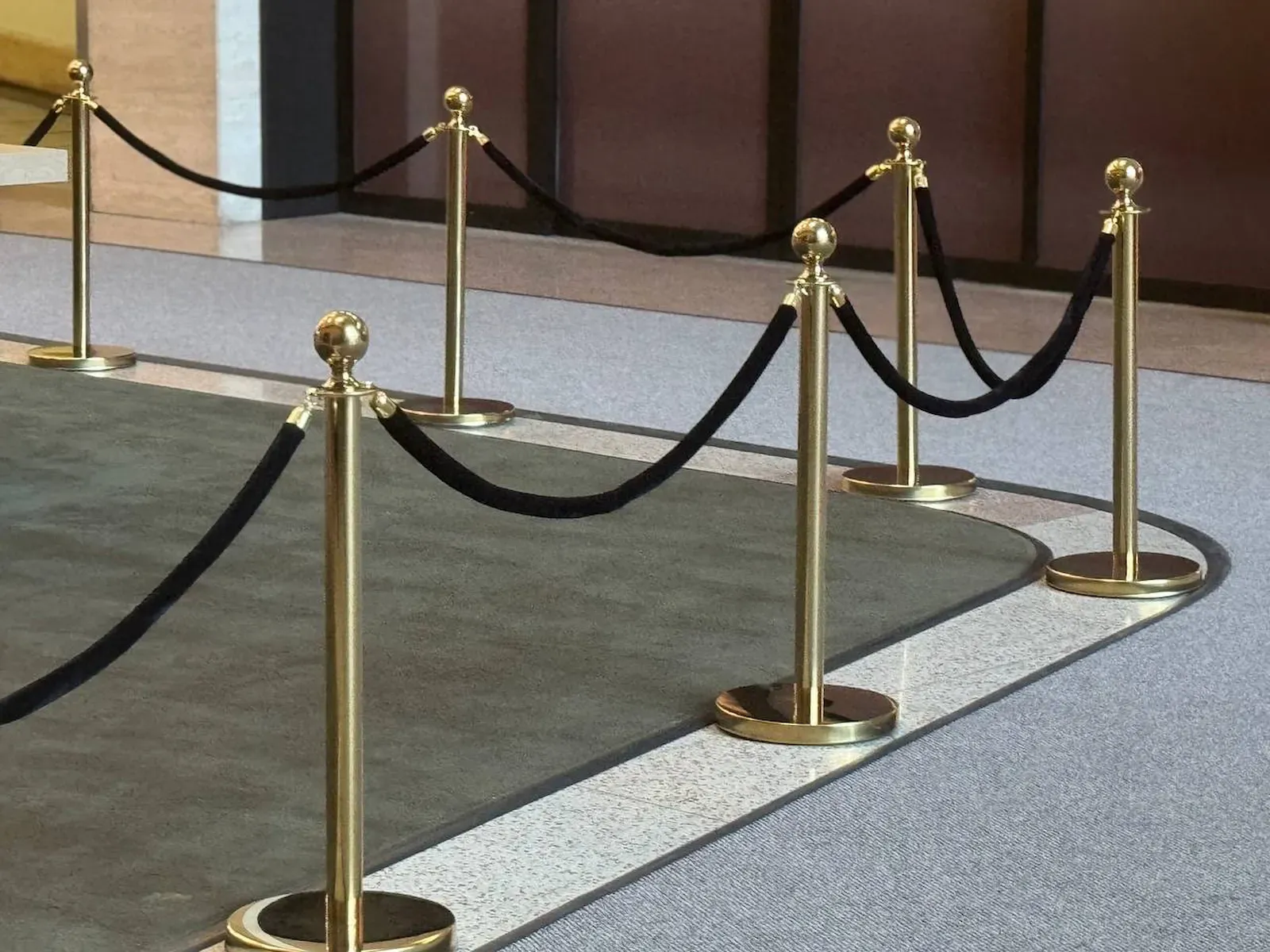 Gold posts carrying black ropes, set close enough to read the ball top, the hook below it and the weight of the disc base