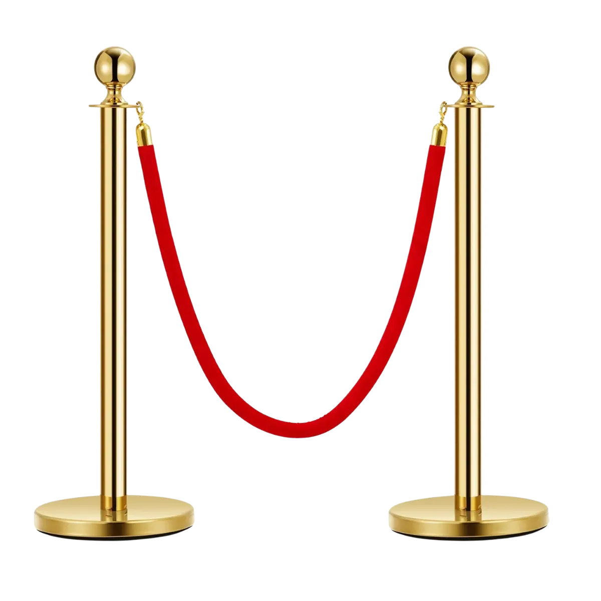 A pair of polished gold posts with ball tops, joined by a red velvet rope