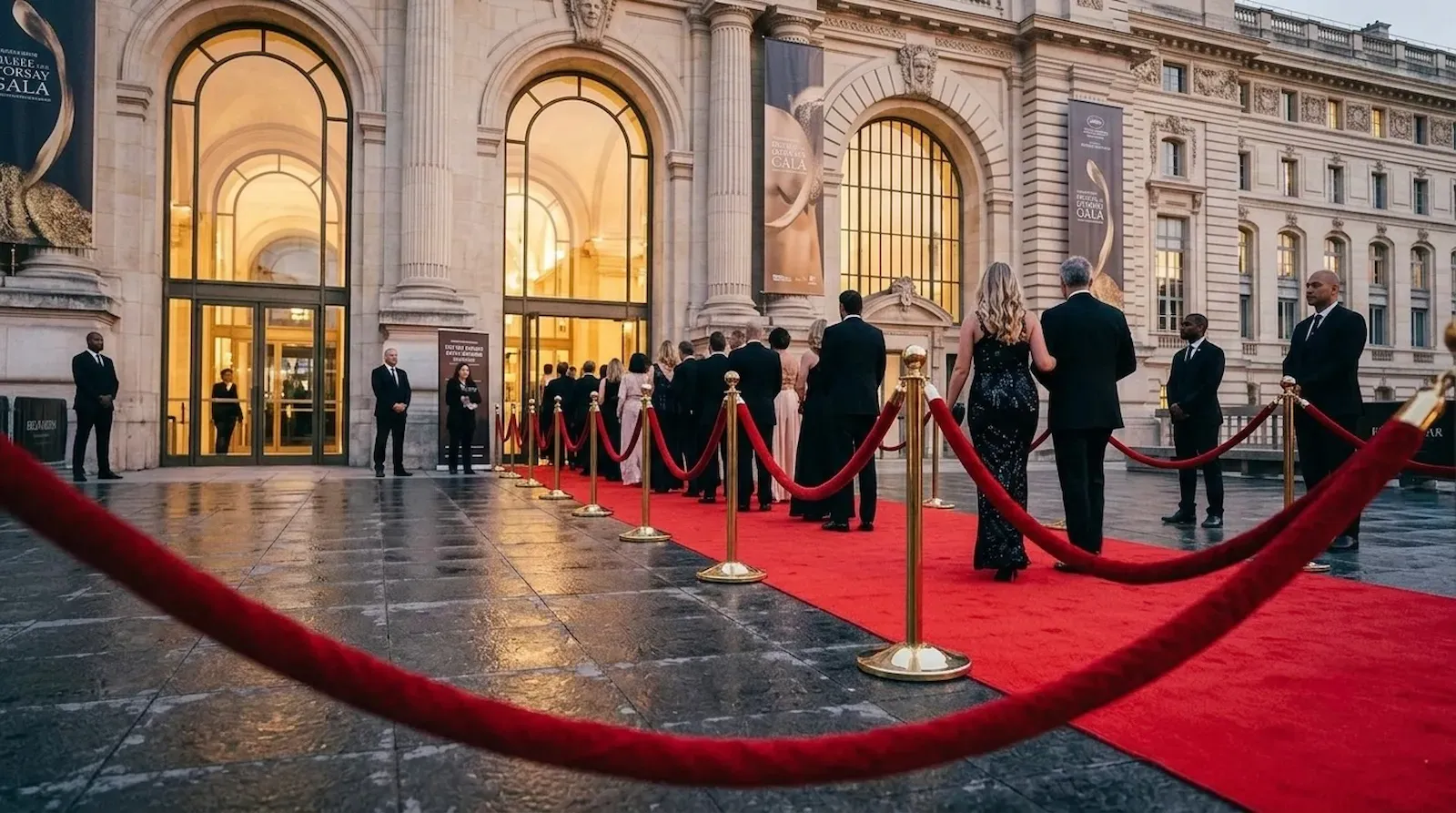Gold posts and red velvet ropes lining a red carpet at a dusk arrival, guests walking towards a lit glass entrance