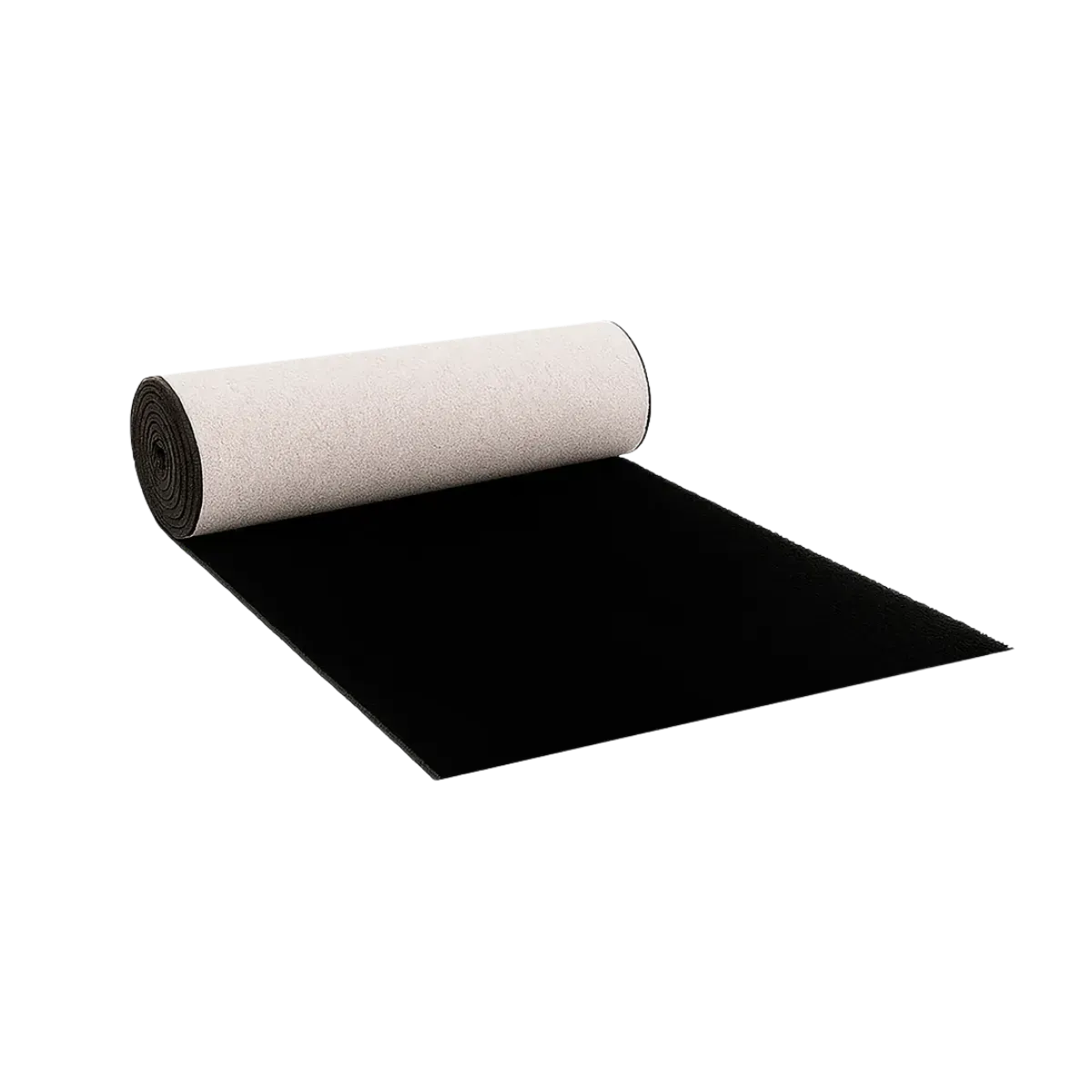 A black runner unrolled across the frame, the pale backing showing at the turn of the roll