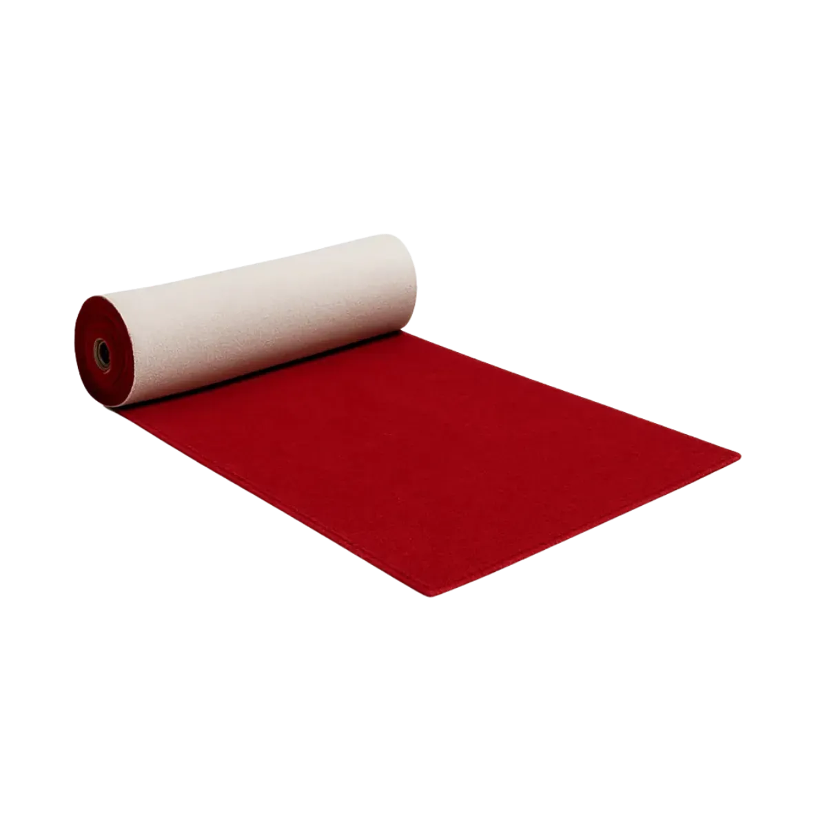 A red runner rolled back on itself so the woven backing shows against the pile