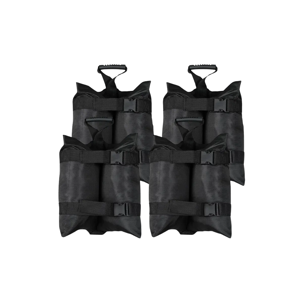 Four black sandbags with carrying handles, each one buckled shut across a pair of nylon straps