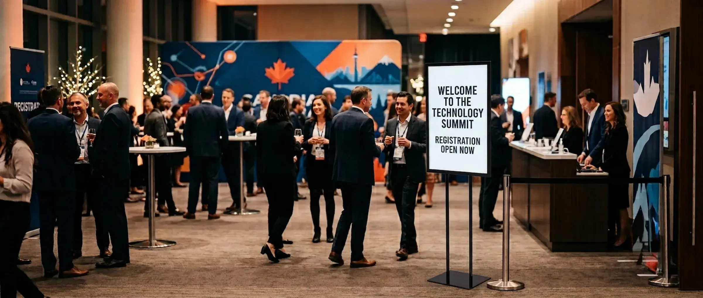 A tall double-sided poster stand on wheels holding a printed welcome and wayfinding panel, standing at the edge of a glass-walled convention foyer packed with delegates in suits and lanyards