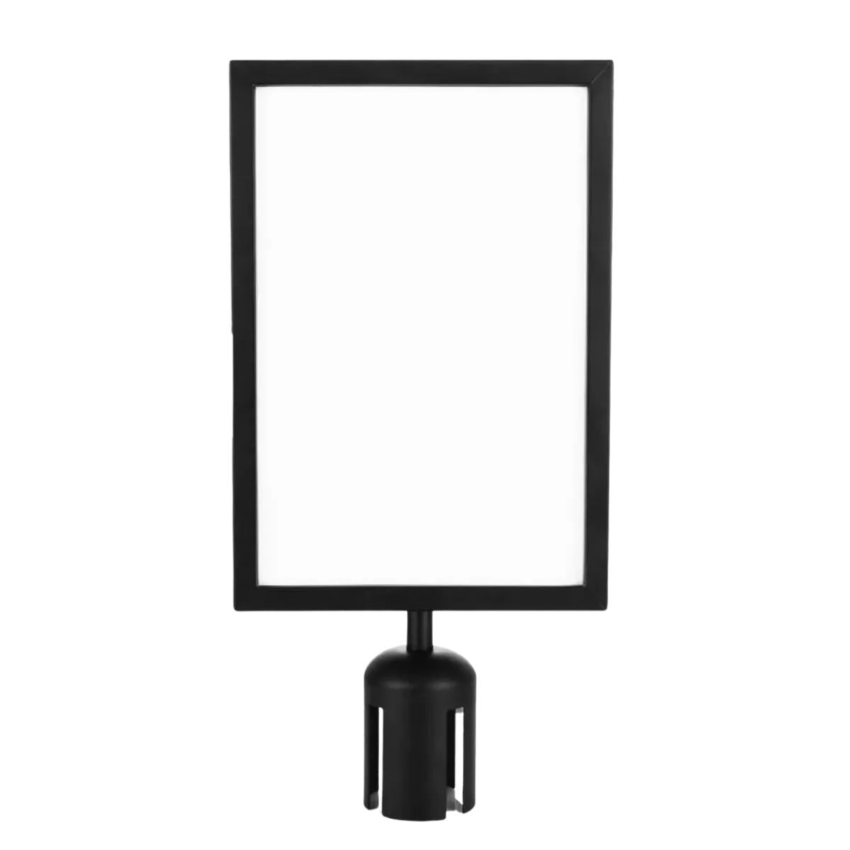 A black portrait sign frame on a slotted collar that drops over the head of a belt post