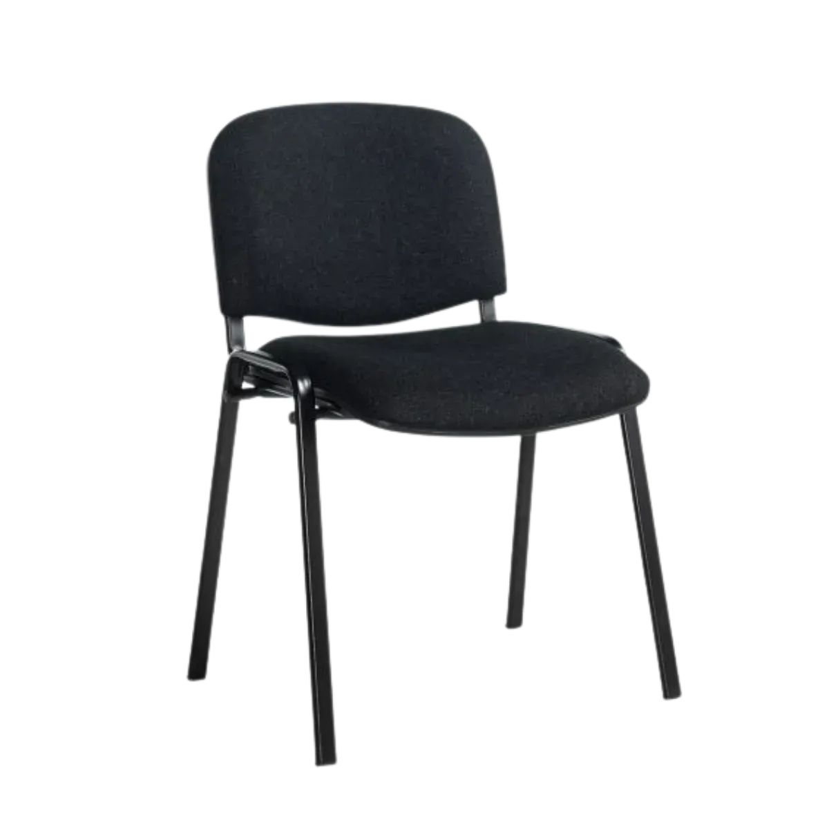 A black stacking conference chair on four straight steel legs, its seat and back padded and upholstered, with no arms and no castors