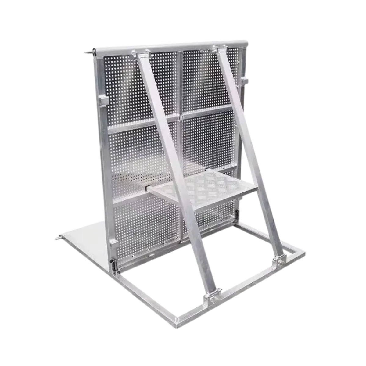 The same section from behind: two angled legs braced onto a base frame, with a fold-out platform step halfway up