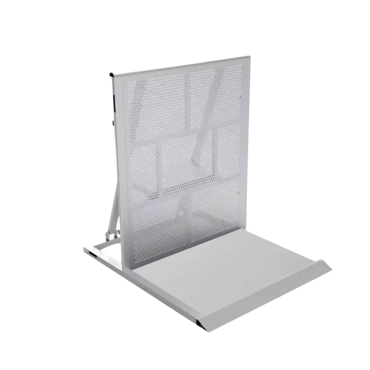 One aluminium stage barrier section seen from the front, a perforated panel above a wide footplate