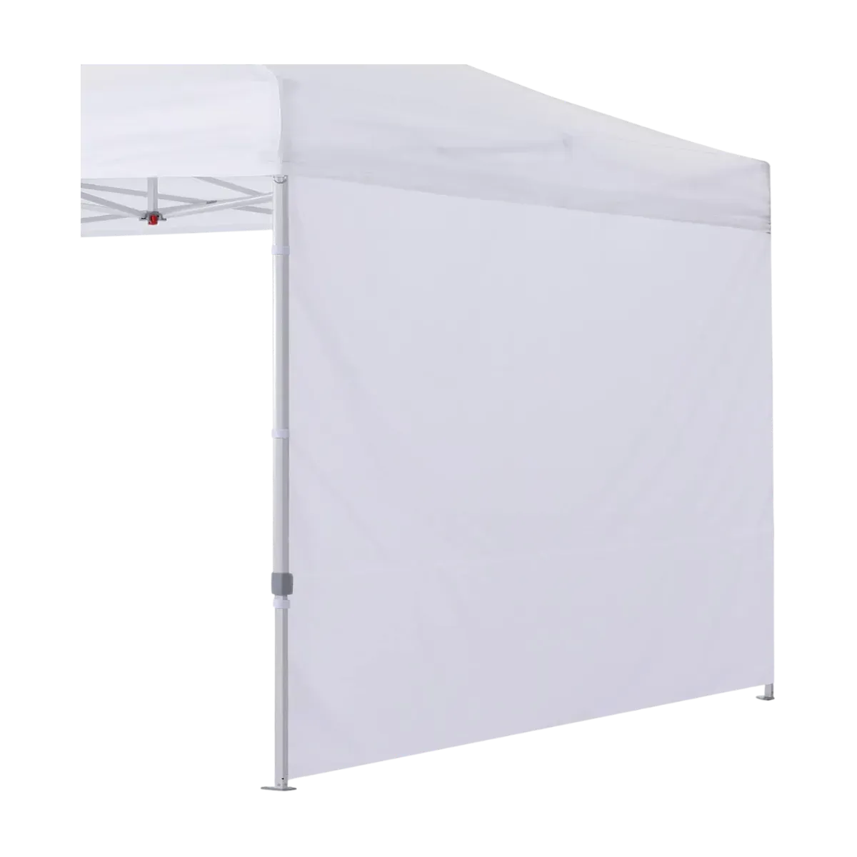One white sidewall hung down the open side of a pop-up canopy, reaching from the eave to the ground beside a telescoping leg, with the canopy frame visible above it