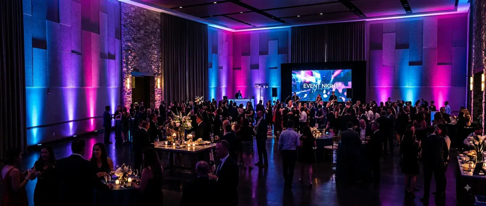 A packed evening reception in a high-ceilinged hall, the panelled walls washed from floor level in alternating magenta and blue by uplights standing along the skirting, guests in black tie at candlelit cocktail tables and a lit stage at the far end