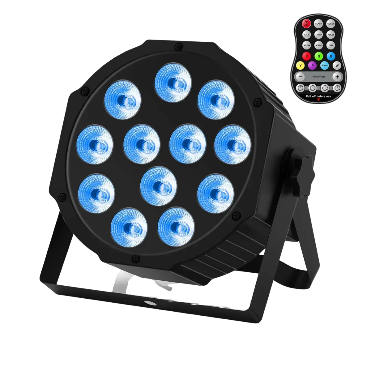 A black par can uplight standing in its own U-shaped floor bracket, twelve lenses lit pale blue across the face, shown beside the handheld remote that comes with it — seven colour buttons along the bottom above mode keys for flash, fade, jump, pulse, sound and DMX
