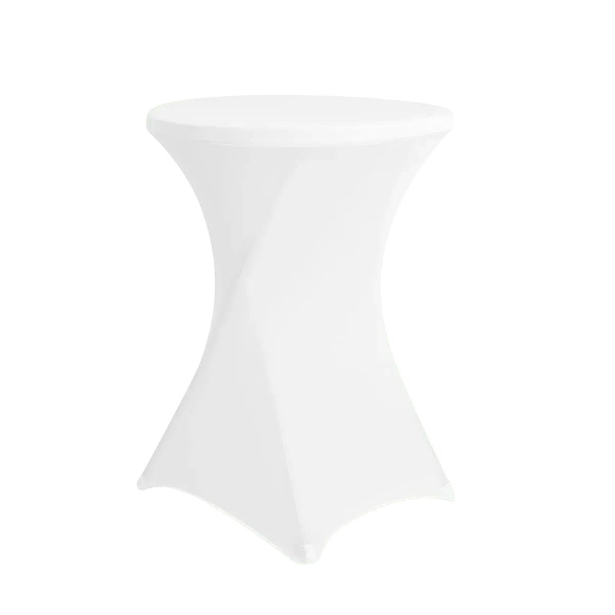 A white stretch cover on a bar-height round cocktail table, smooth over the top and falling to the floor in four panels that draw in at the waist and out again to the foot pockets at the base