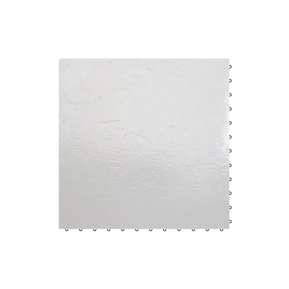 A square white dance floor panel seen from above, the surface a soft slate texture with a low sheen and a row of connector loops along two of its edges