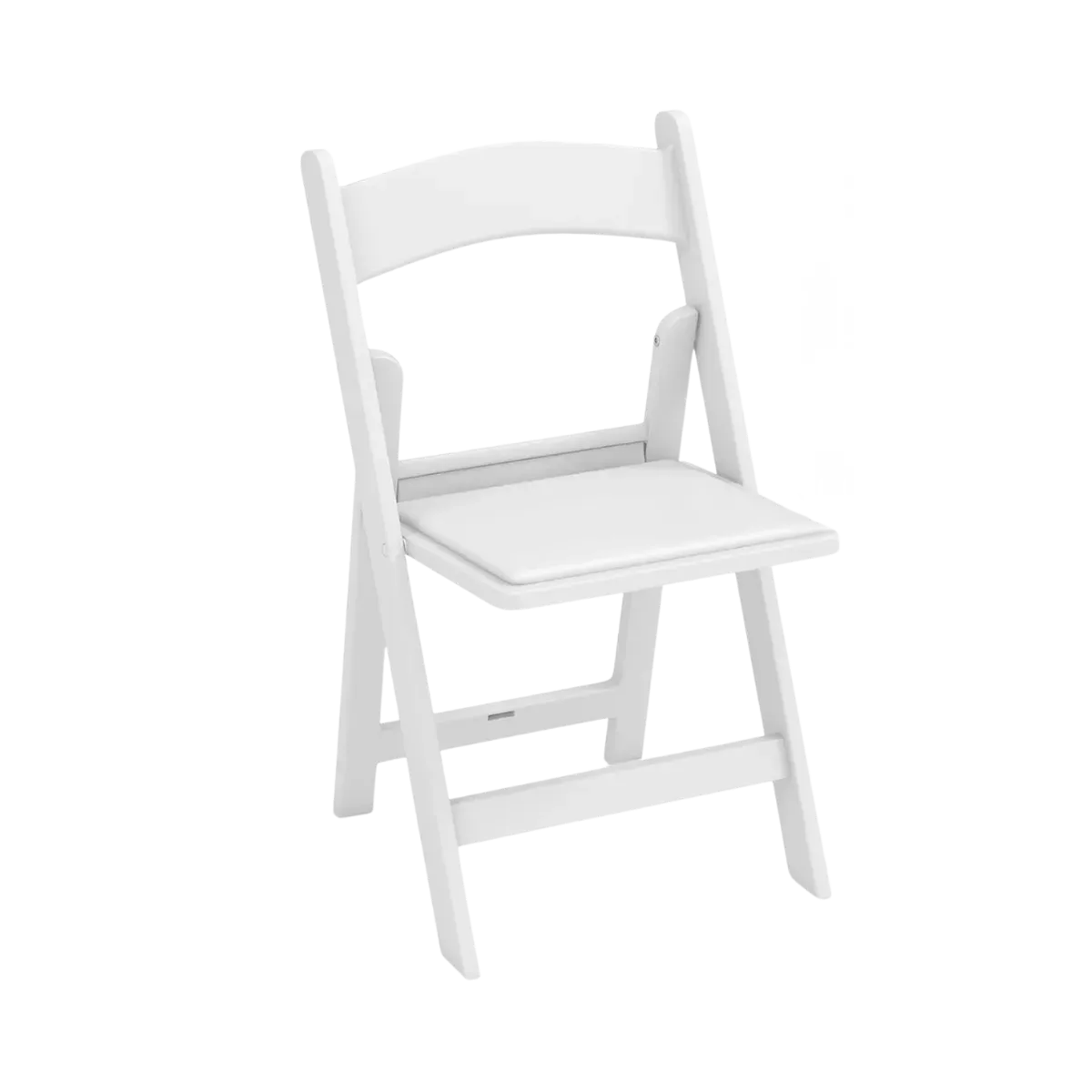A white resin folding chair standing open, its yoke-shaped back rail and slim padded seat pad moulded in the same white as the frame