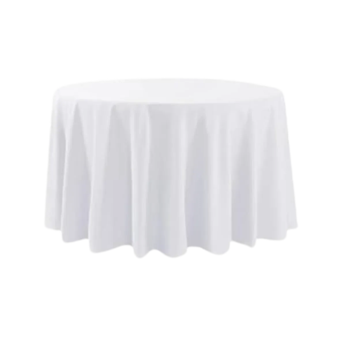 A white round tablecloth laid over a 48-inch round table, smooth on the top and hanging in even folds around the edge, stopping above floor level