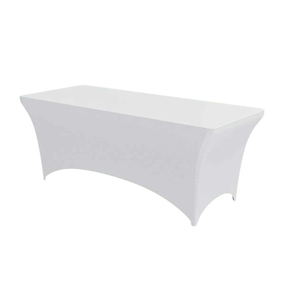 A white stretch tablecloth fitted over a rectangular banquet table, taut across the top with the corners drawn down over the legs and no folds or hem hanging loose