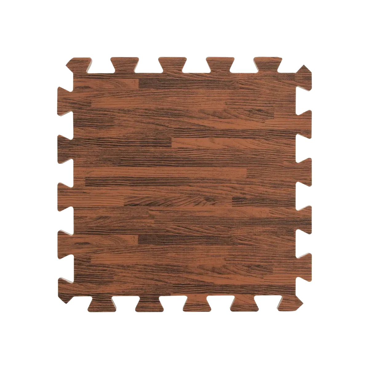 A single foam floor tile printed with a dark red-brown plank grain, photographed square on so the jigsaw teeth on all four edges are visible